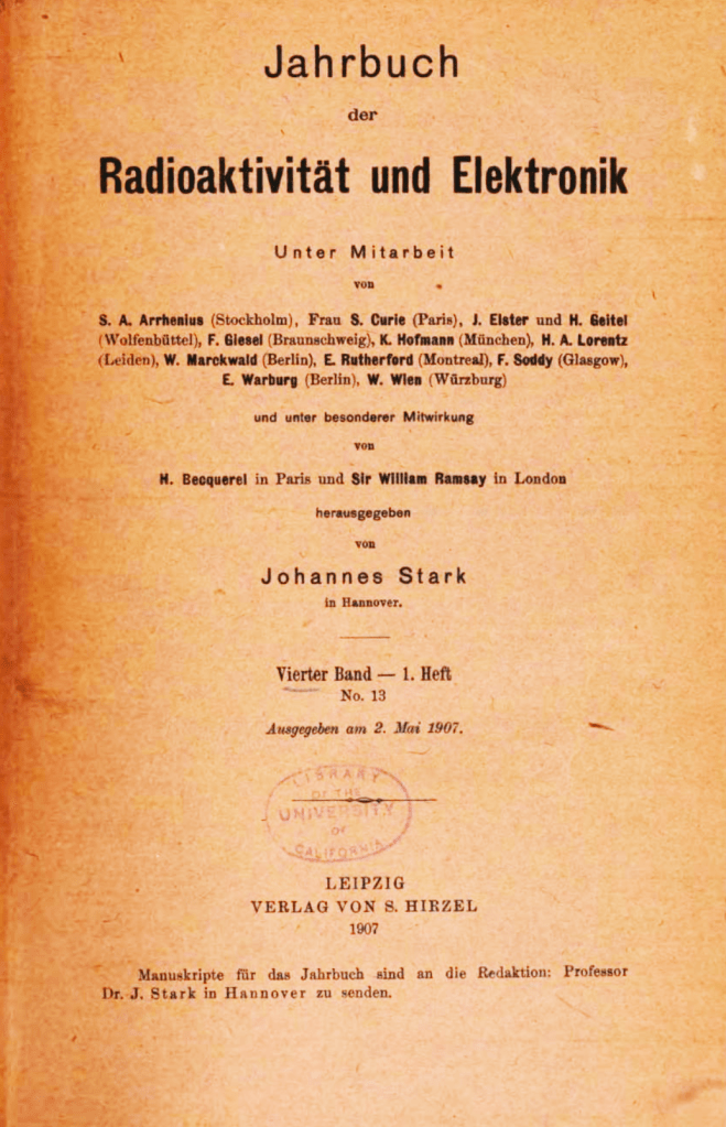 Cover of the Jahrbuch for Radioactivity and Electronics from 1907.