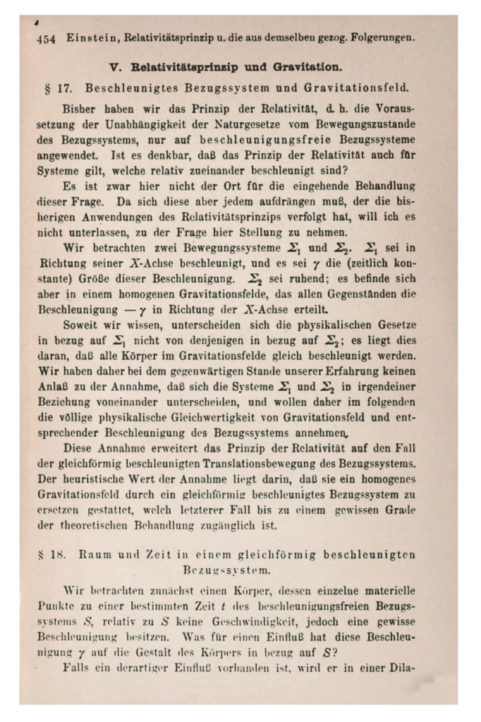 The beginning of the section where Einstein first discusses the effects of accelerating frames and effects of gravity