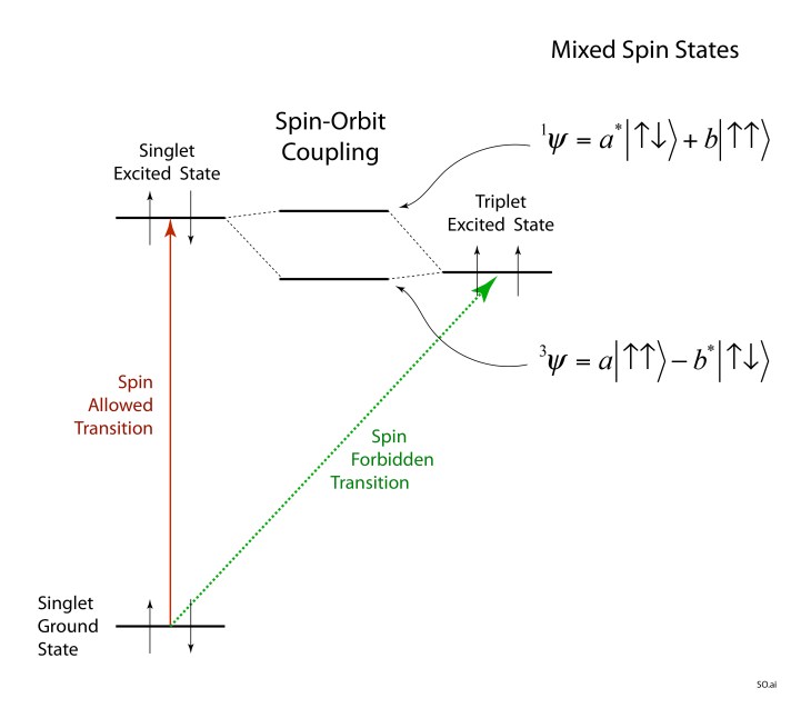 Spin-orbit coupling and spin-forbidden transitions. Spin-orbit mixes singlet and triplet spin states.